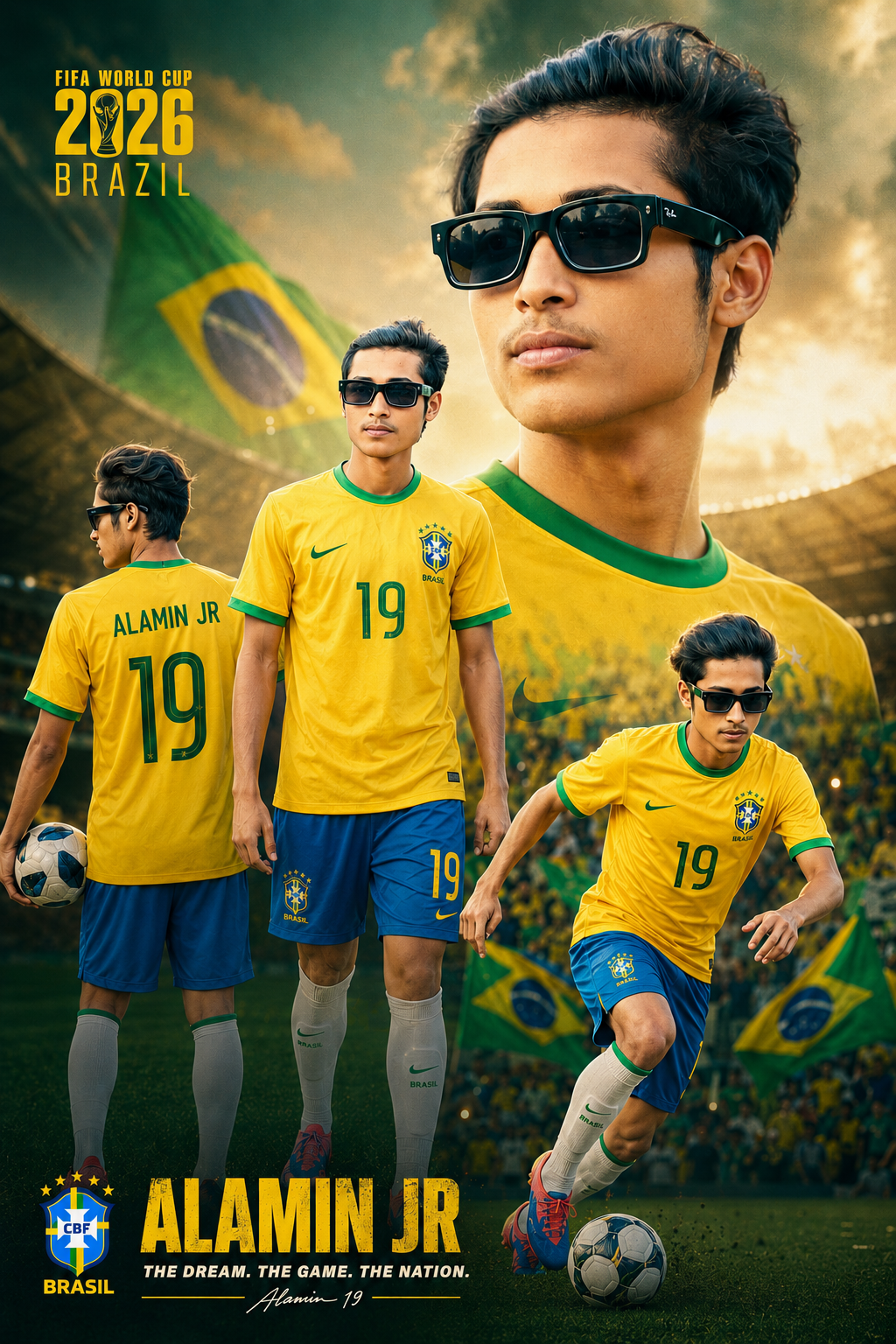 Ultra-realistic cinematic FIFA World Cup 2026 inspired Brazil football poster