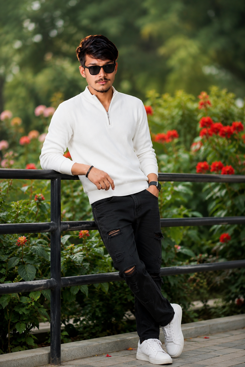 A young South Asian man, appearing to be in his early twenties, stands casually leaning against a metal railing