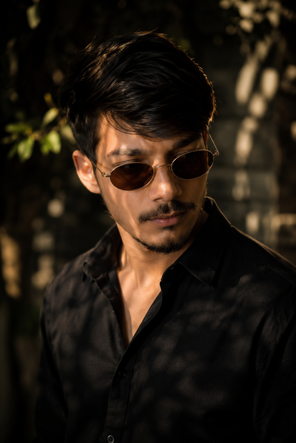 A close-up portrait of a young South Asian man in his mid-twenties, positioned slightly to the left of center