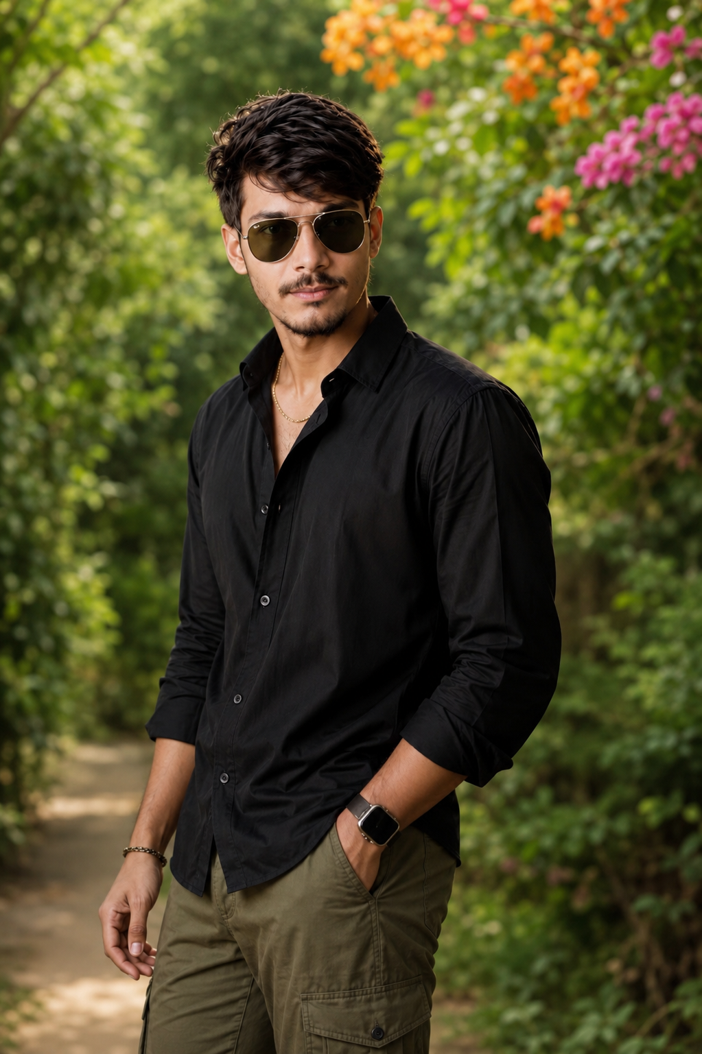A young South Asian man, appearing to be in his early to mid-twenties, stands confidently in the center of the frame, facing slightly to his left