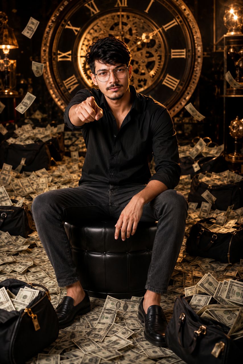 A young South Asian man, appearing to be in his early twenties, is seated on a black ottoman in the center of the frame