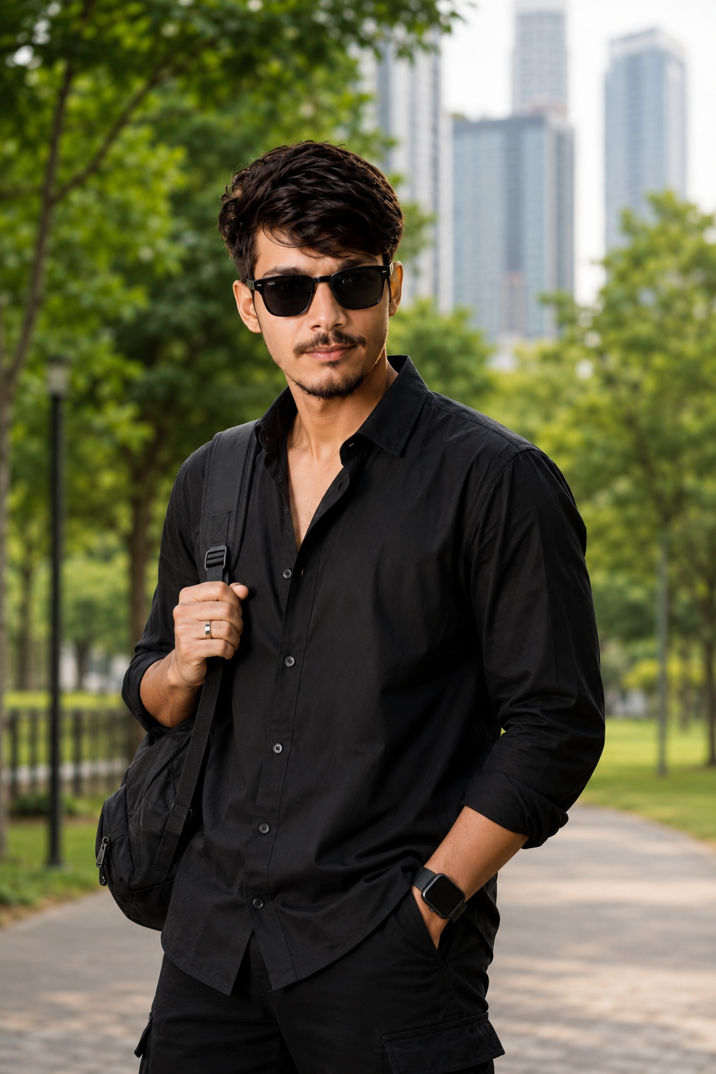 He has dark, styled hair, a slim build, and is wearing stylish black sunglasses. He is dressed in a loose-fitting black button-down shirt with the collar unbuttoned and black cargo pants. He has a black backpack slung over his left shoulder, and a silver