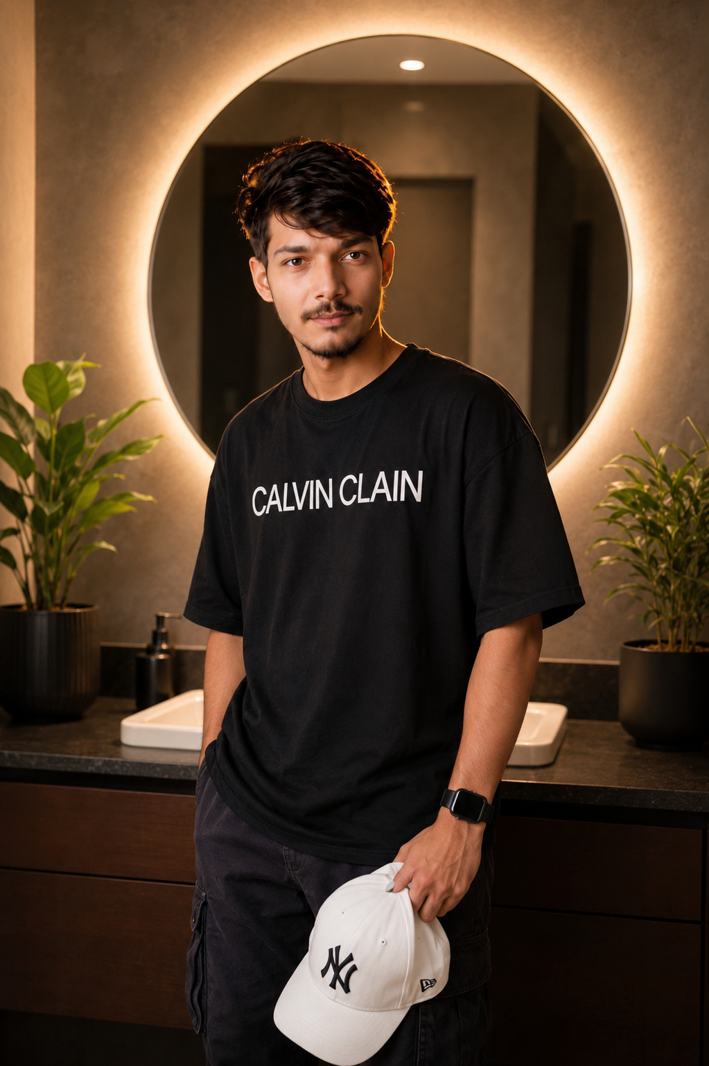 A young South Asian man, appearing to be in his early twenties, stands centered in the frame, facing slightly left