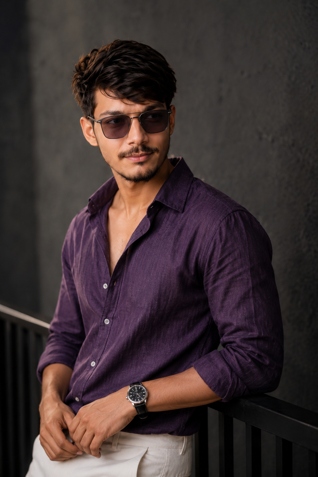 A black wristwatch with a silver bezel is visible on his left wrist. His body is lean and his pose is relaxed, with his arms resting on the railing