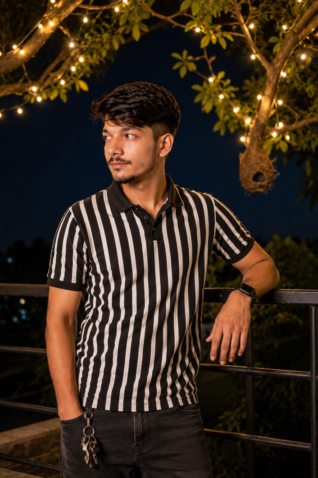 Nighttime Outdoor Portrait Under Fairy Lights