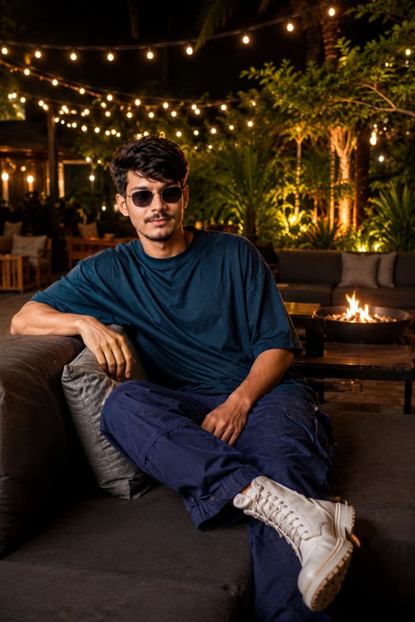 cinematic portrait, outdoor lounge, night portrait, string lights, stylish man, south asian model, fashion photography, luxury night scene, bokeh background, photorealistic portrait, ai generated portrait, trendy photoshoot, aesthetic photography, lifesty