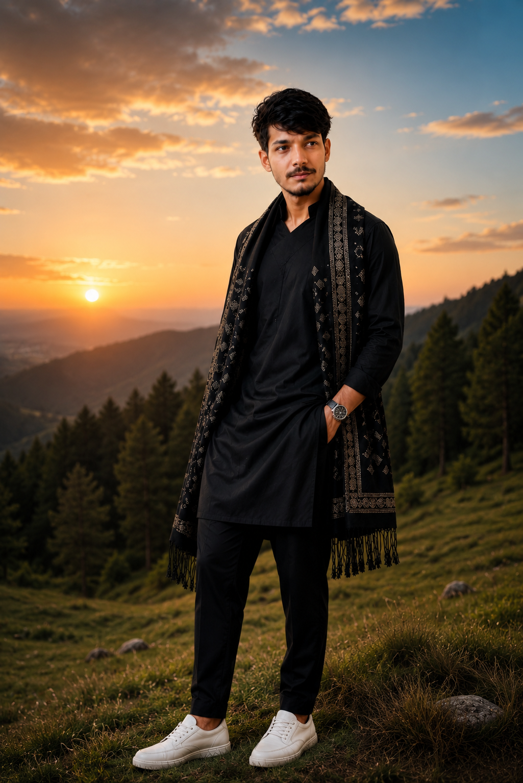 Cinematic Mountain Sunset Portrait | Stylish South Asian Man in Black Traditional Outfit