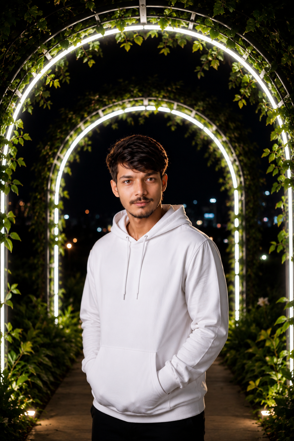 Cinematic Neon Garden Tunnel Portrait | White Hoodie Night Photography | Ultra Realistic AI Edit