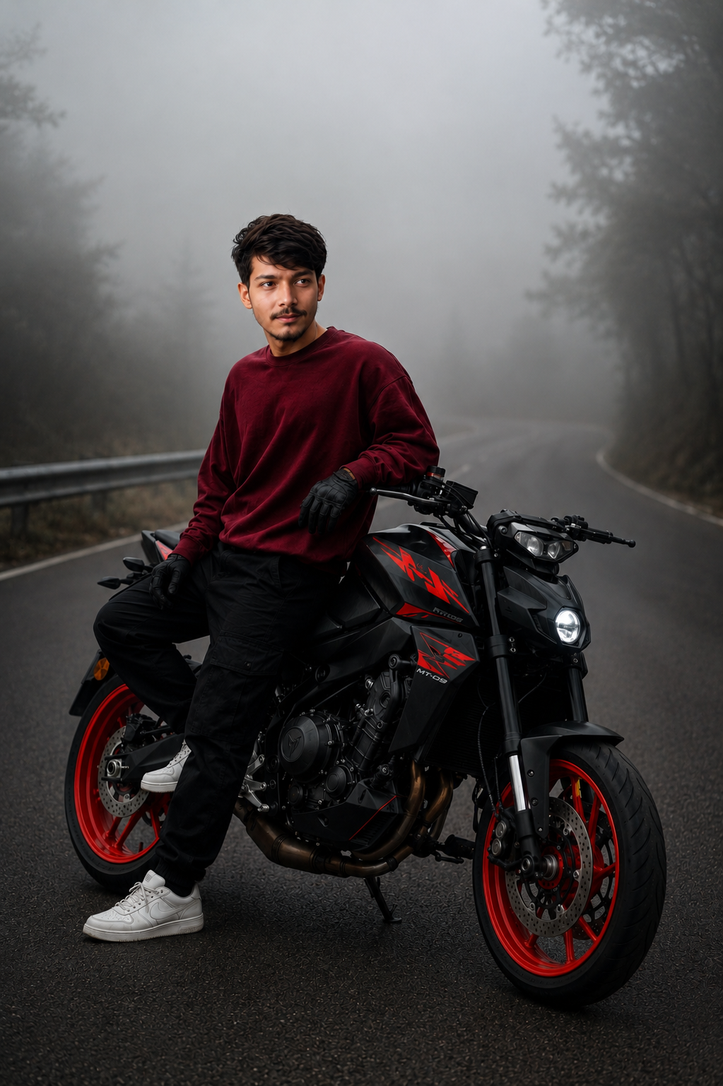 The rider is sideways on the bike with one foot on the ground footpeg, looking to the side in a relaxed pose.