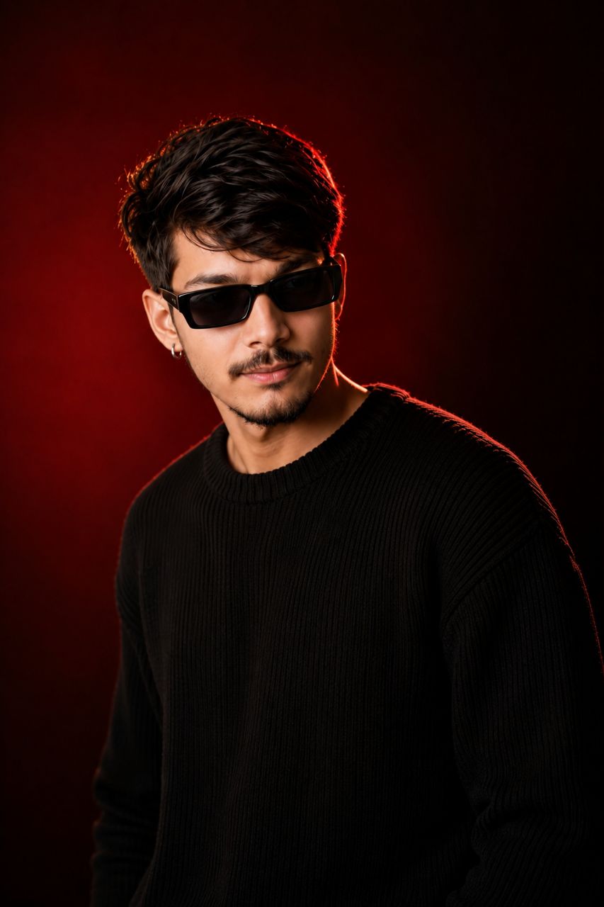 Luxury Red Cinematic Fashion Portrait | Black Knit Sweater & Sunglasses