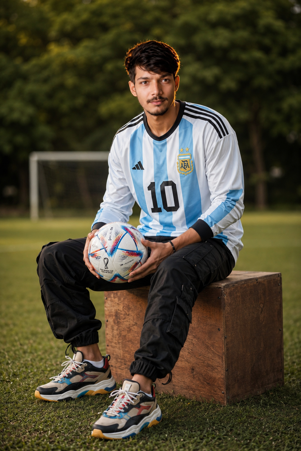 A mid length closeup shot of a handsome young man modern hairstyle is sitting on the grass of a football field