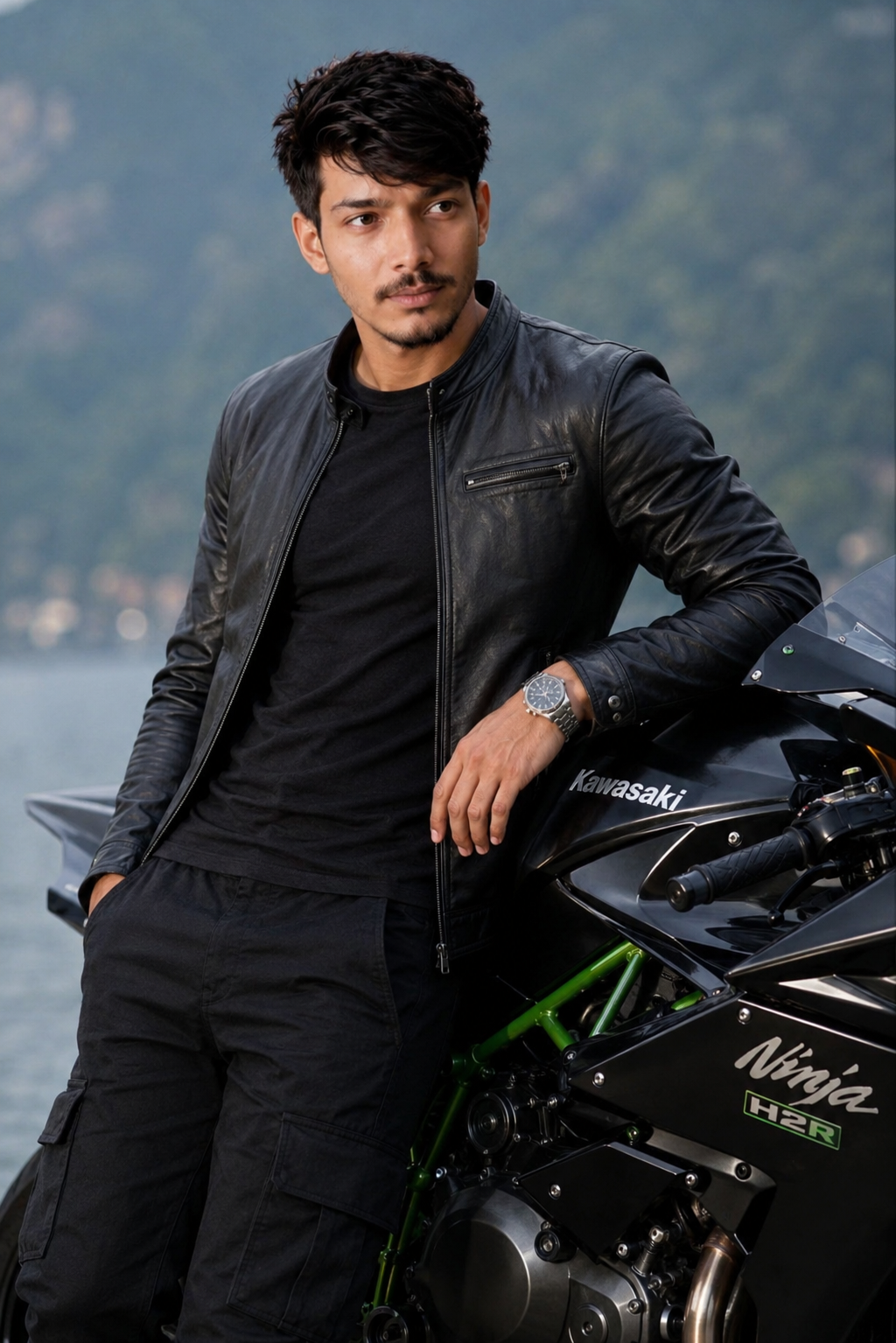 Outfit: fitted off-black premium crew-neck T-shirt, slim black cargo pants, black leather jacket,luxury wristwatch