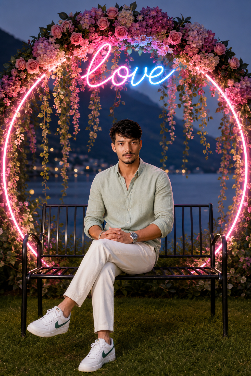 Full body portrait of a beautiful South Asian man sitting on black metal bench on grass