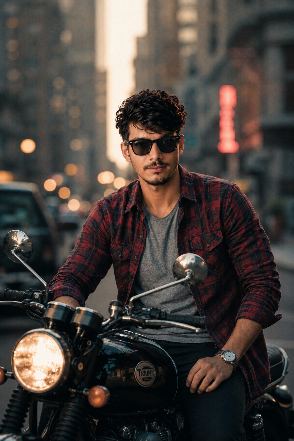 Same Face Stylish Biker Portrait on Retro Motorcycle | Cinematic Urban Street Photography 4K