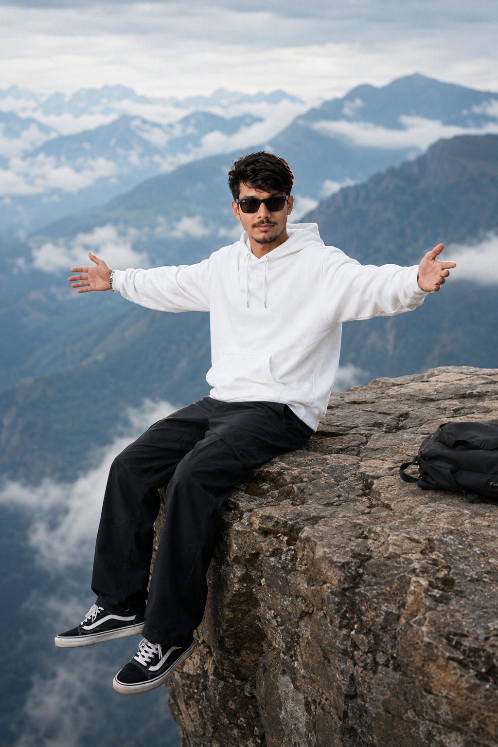 Same Face on Mountain Cliff | Cinematic Adventure Portrait in White Hoodie | Ultra Realistic 8K