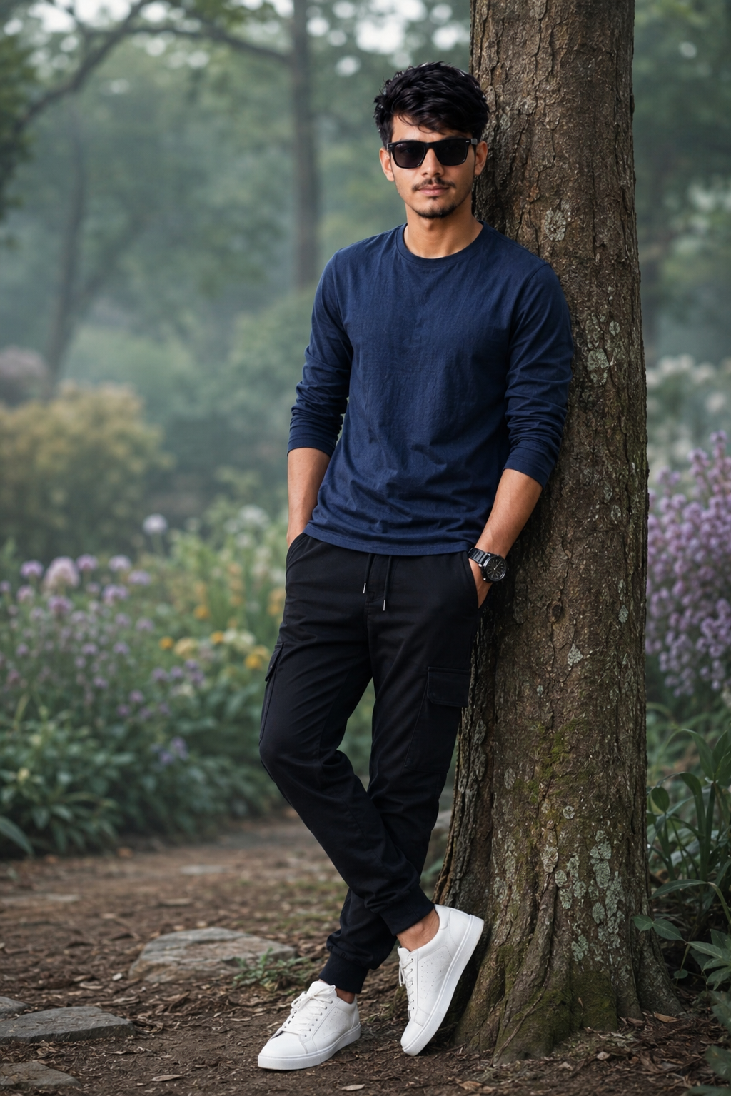 Young Man Leaning Against Tree in Misty Flower Park | Cinematic Portrait Photography