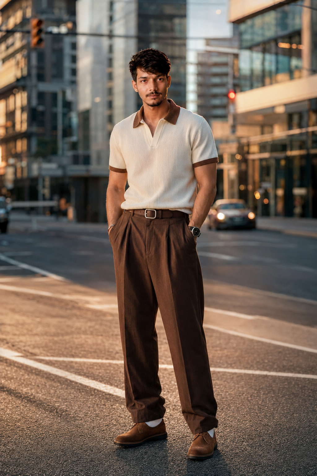 He is wearing a white knit polo shirt with brown collar and brown sleeve cuffs