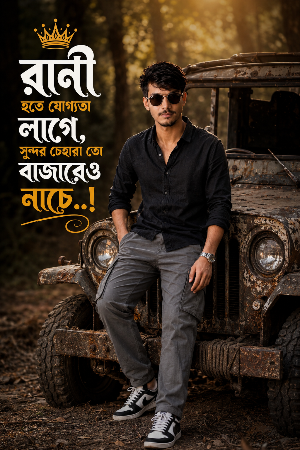 রানী হতে যোগ্যতা লাগে | Cinematic Jeep Attitude Photo Editing Prompt | Bengali Typography Poster
