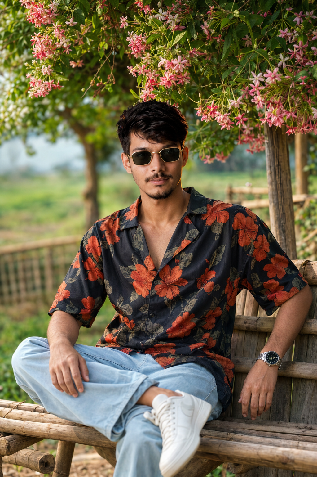 Ultra Realistic South Asian Boy Sitting on Bamboo Bench Under Madhabilata Flowers | DSLR Portrait