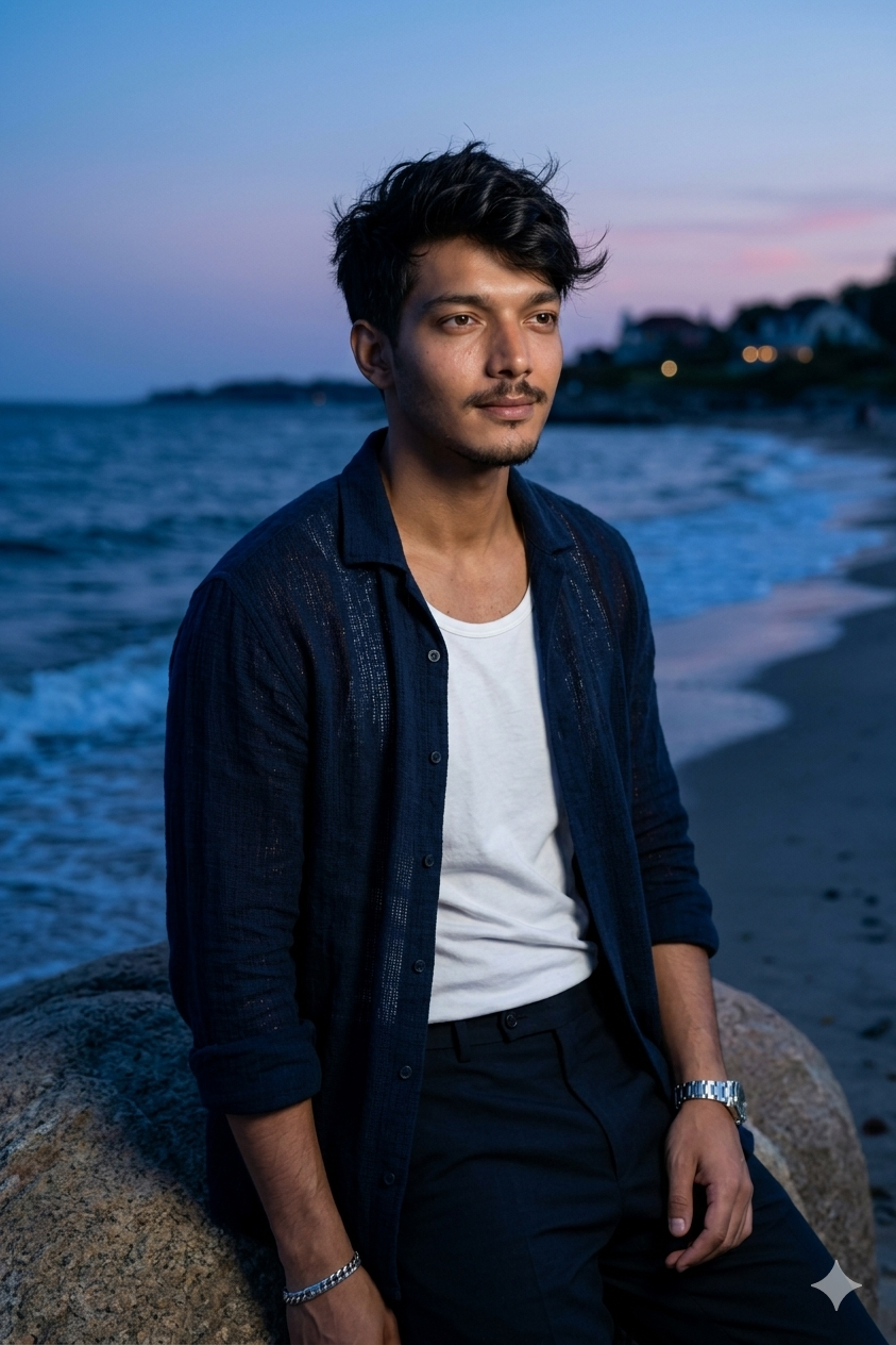 Create an ultra-realistic 8K cinematic beach portrait of a stylish young man during blue hour.