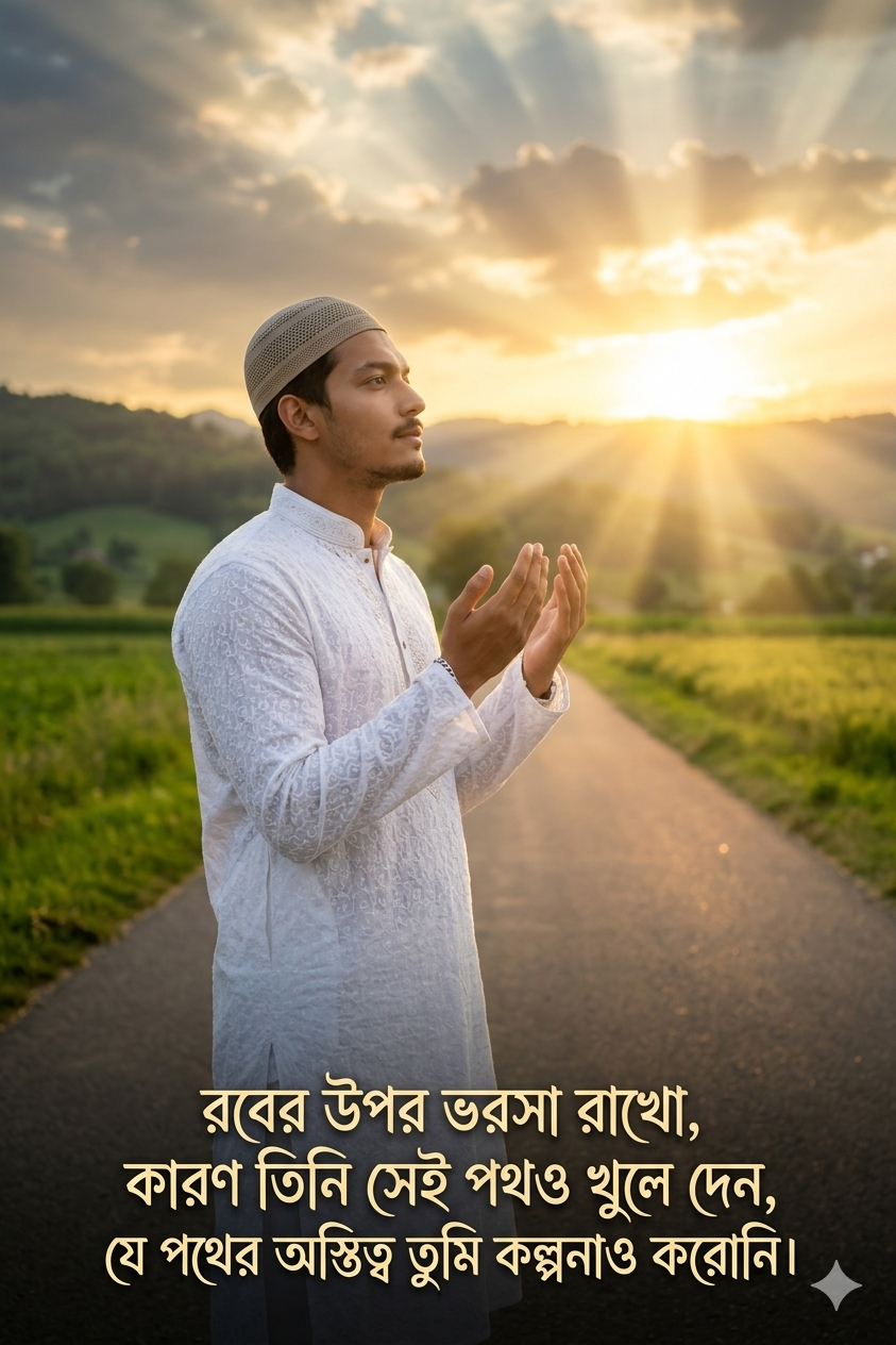 Muslim man standing on a peaceful road at sunrise