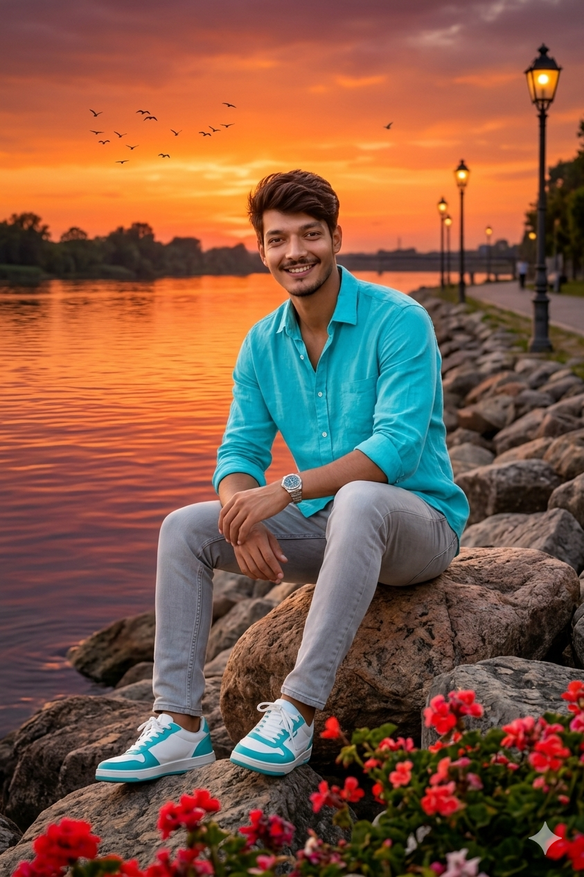 riverside rocks during a breathtaking golden sunset, bright turquoise casual shirt with rolled sleeves