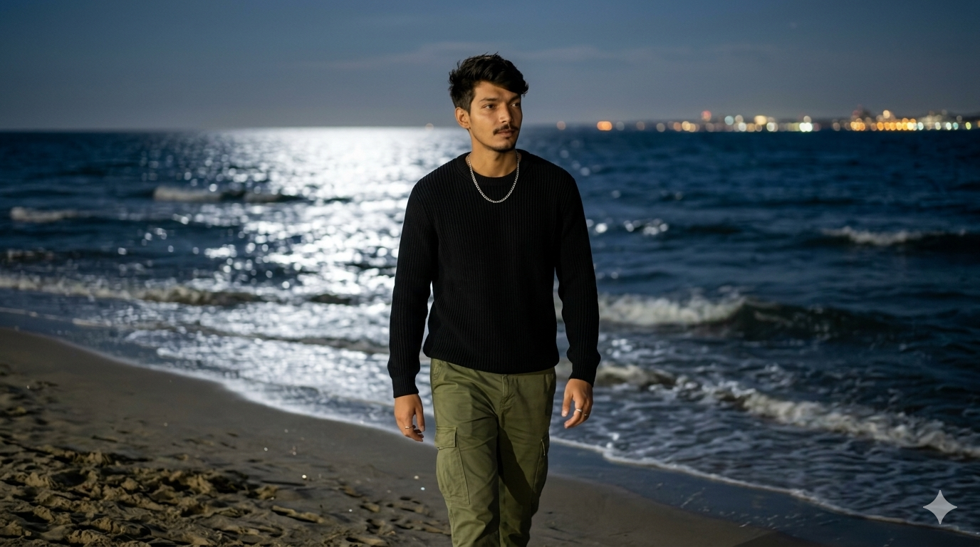 young boy wearing black sweater and cargo pants, silver chain and simple rings, he walking alone along a serene beach at night