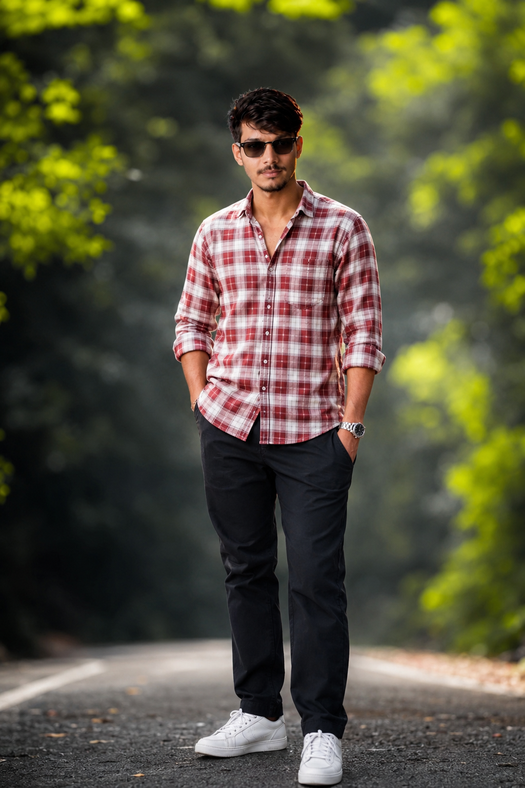 a young Bangladeshi boy with stylish messy hair, wearing a red and white checkered shirt, black pant white snicker, face perfect sunglass, The background is a dreamy