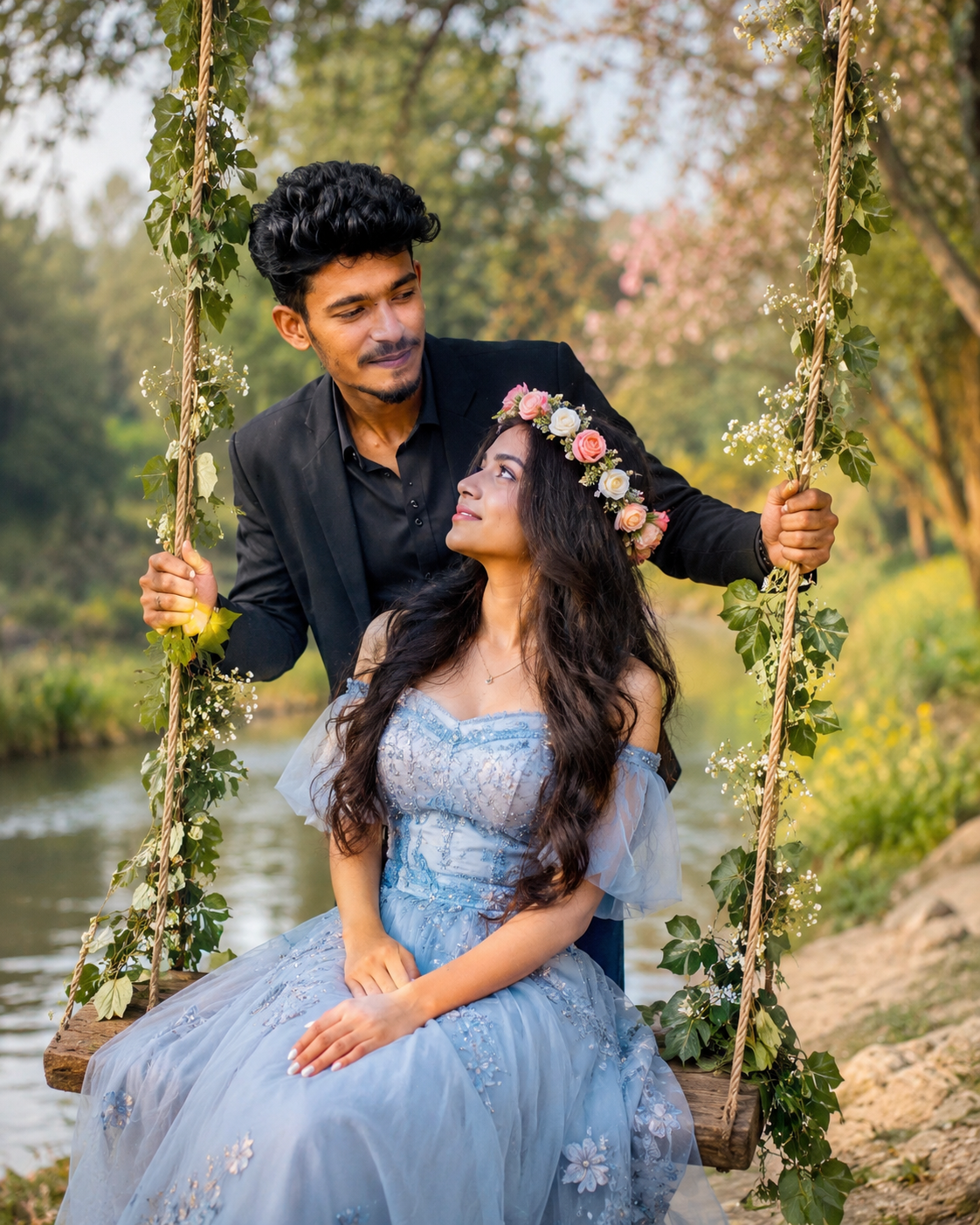 Dreamy River Swing Romance – Ultra Realistic 8K Cinematic Couple Portrait