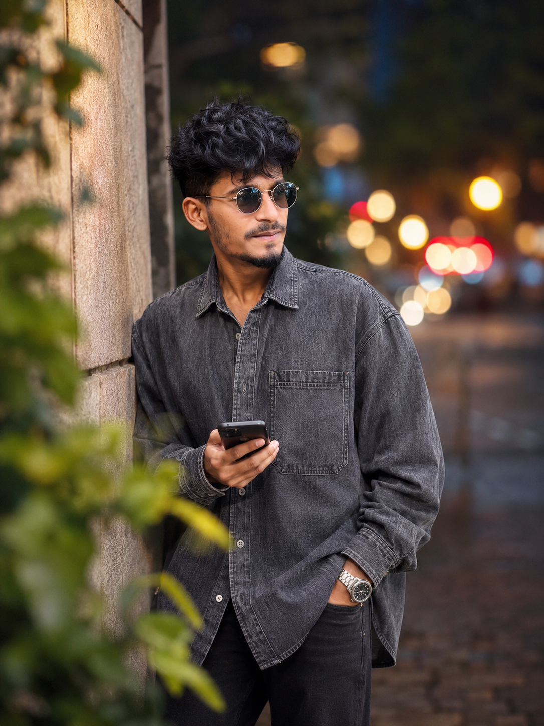 Ultra Realistic 8K Cinematic Street Portrait with Oversized Gray Denim Shirt