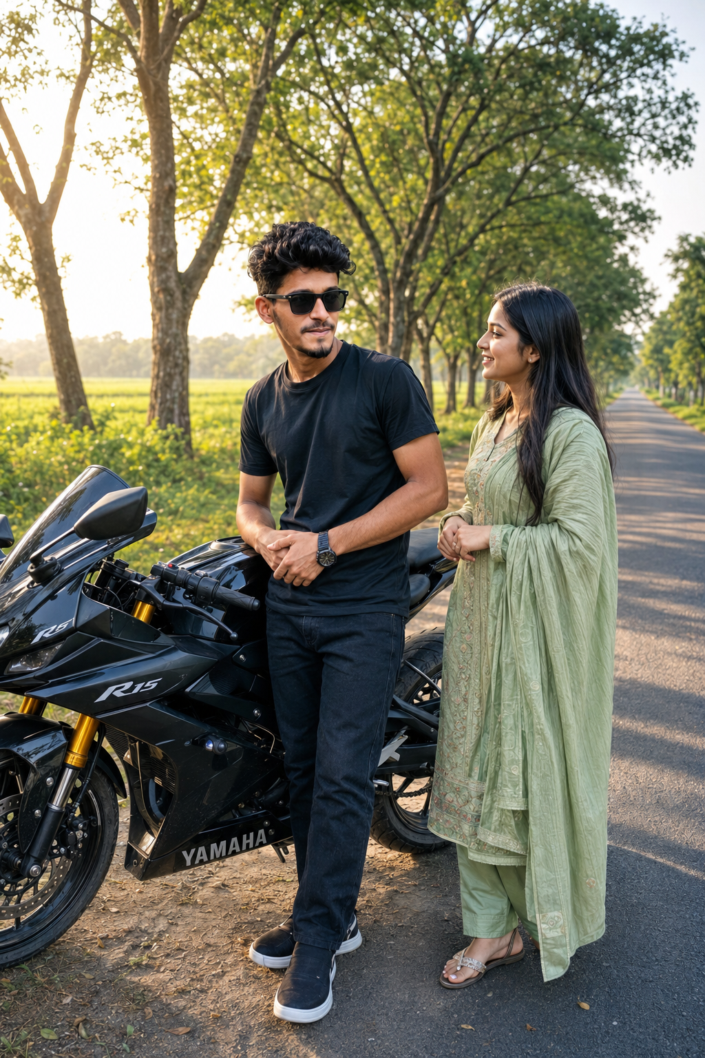Golden Hour Roadside Conversation with Yamaha R15 | Ultra Realistic 8K Portrait