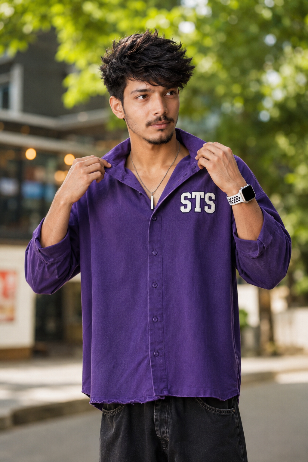 16K Ultra Realistic Purple Street Style Portrait | STS Oversized Shirt Cinematic DSLR Look