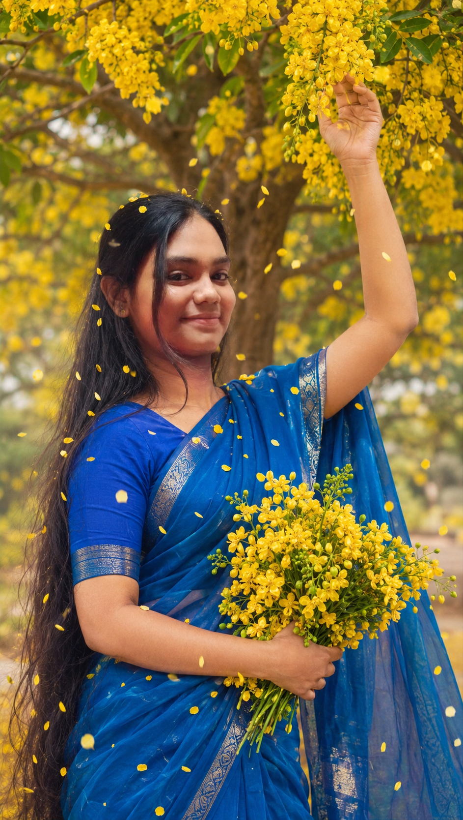 Golden Blossom Blue Saree Portrait