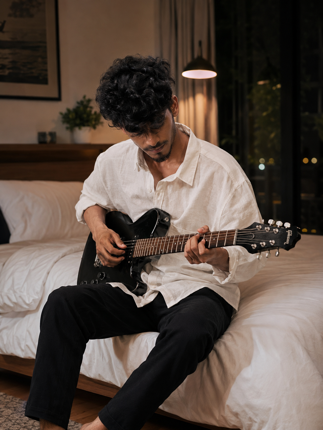 Guitarist in Cozy Bedroom