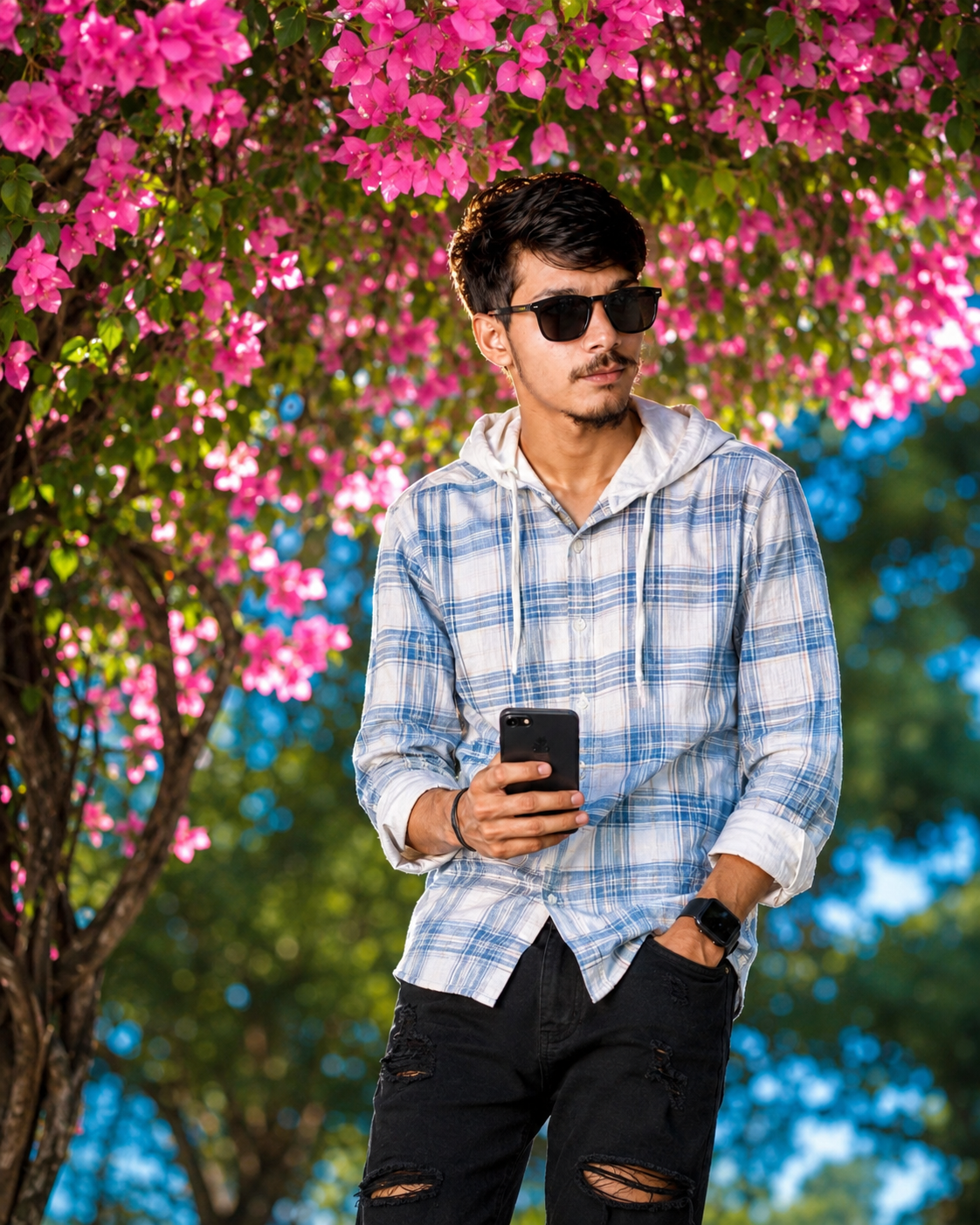 Confident candid pose, surreal blue ambient fill bokeh, DSLR quality, smooth, no noise
