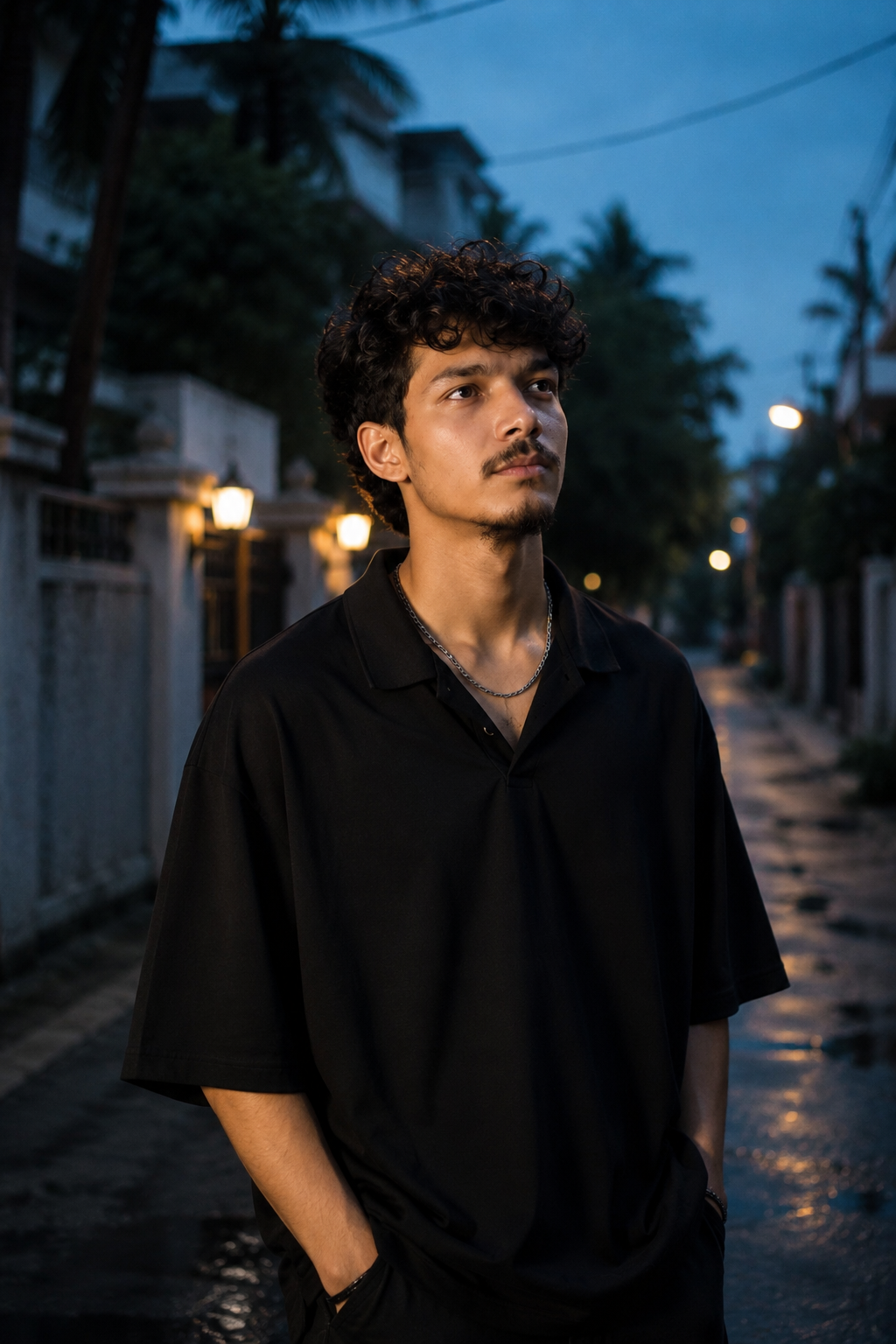 stylish young man standing confidently on a quiet residential street during blue-hour evening light.
