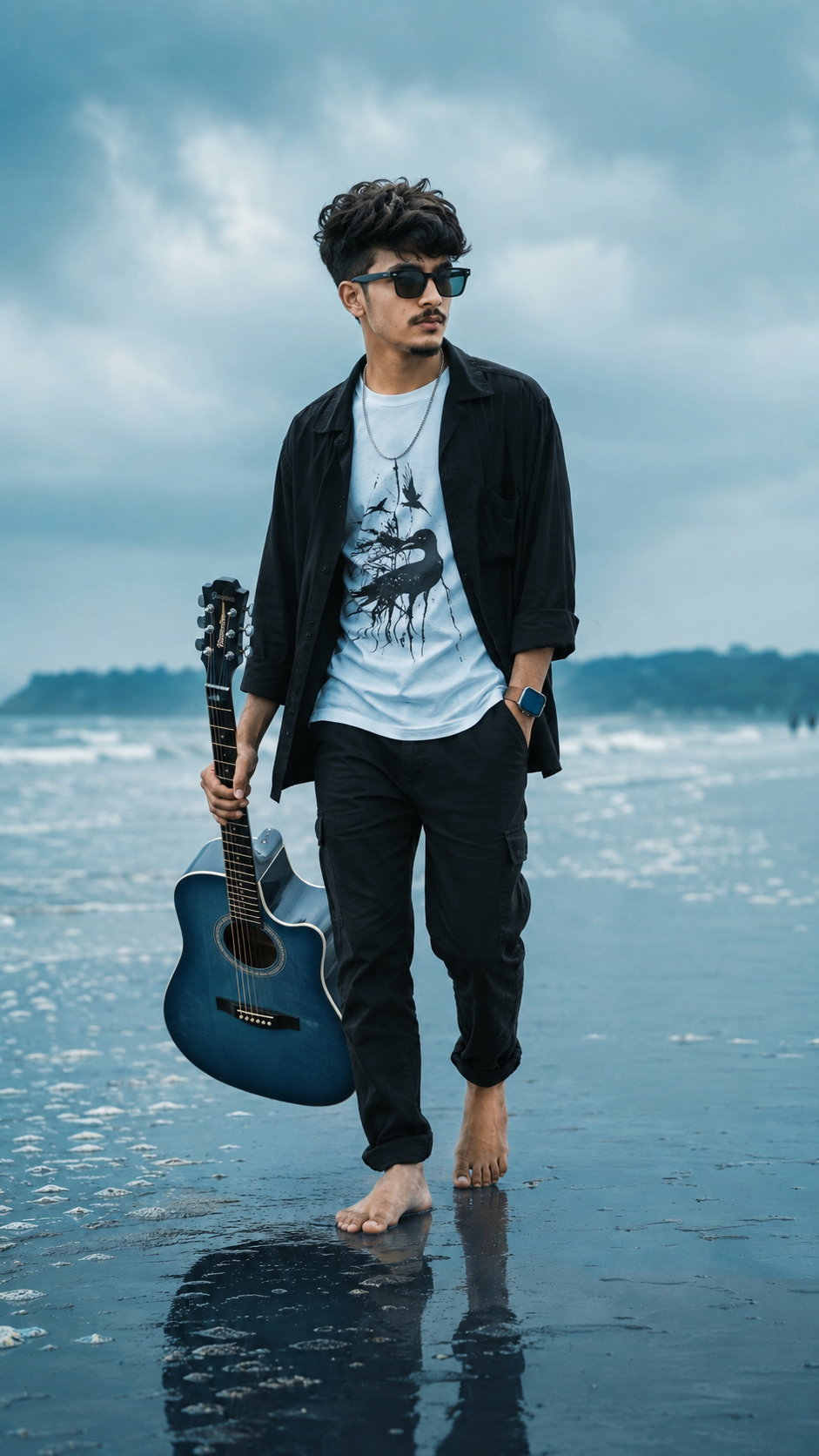 Ultra realistic full movie A young handsome South Asian man age 22 walking barefoot on a wet beach