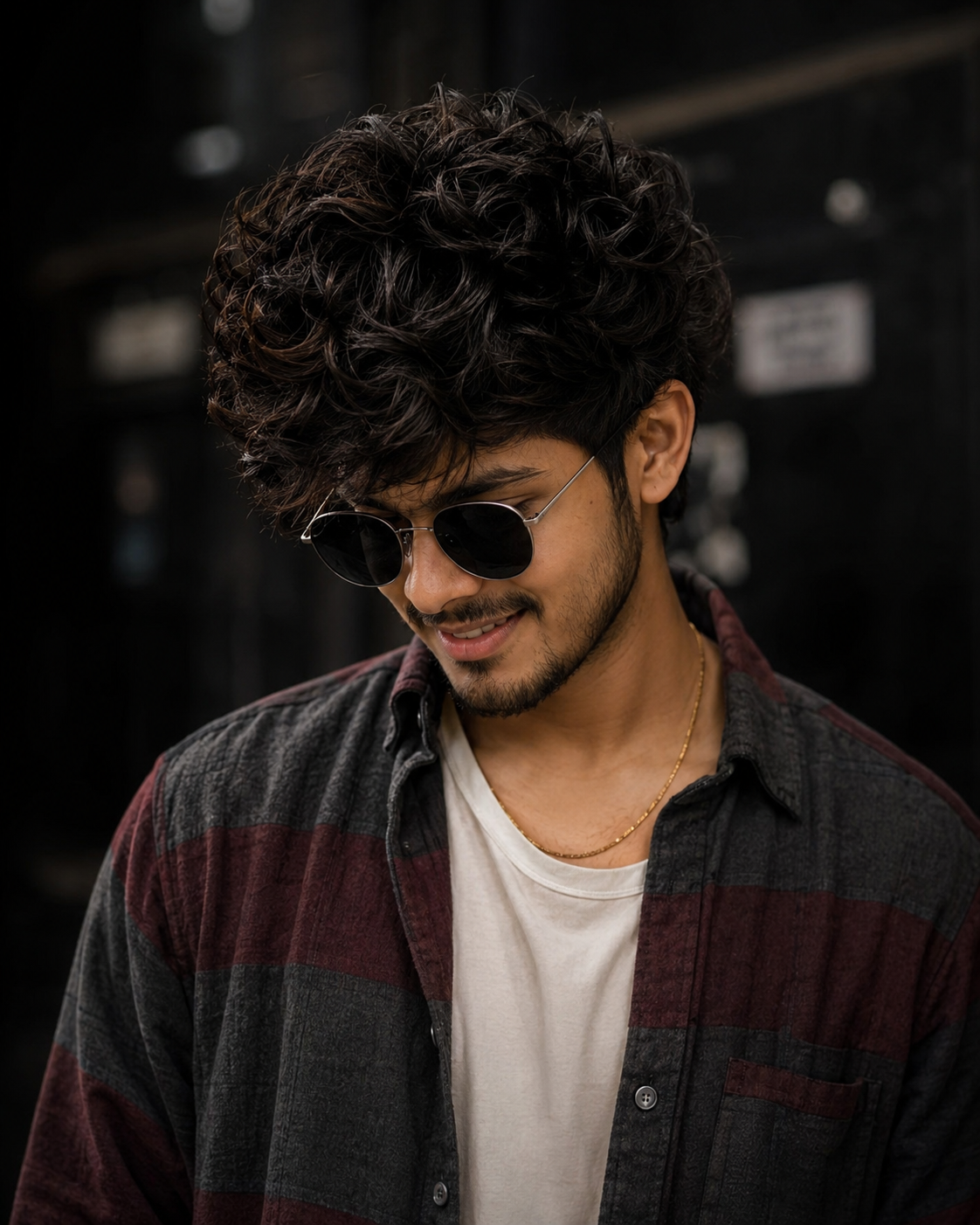 dark curly hair, and wearing round-framed, dark-lensed sunglasses with thin silver temples. He is looking downwards with a calm expression.