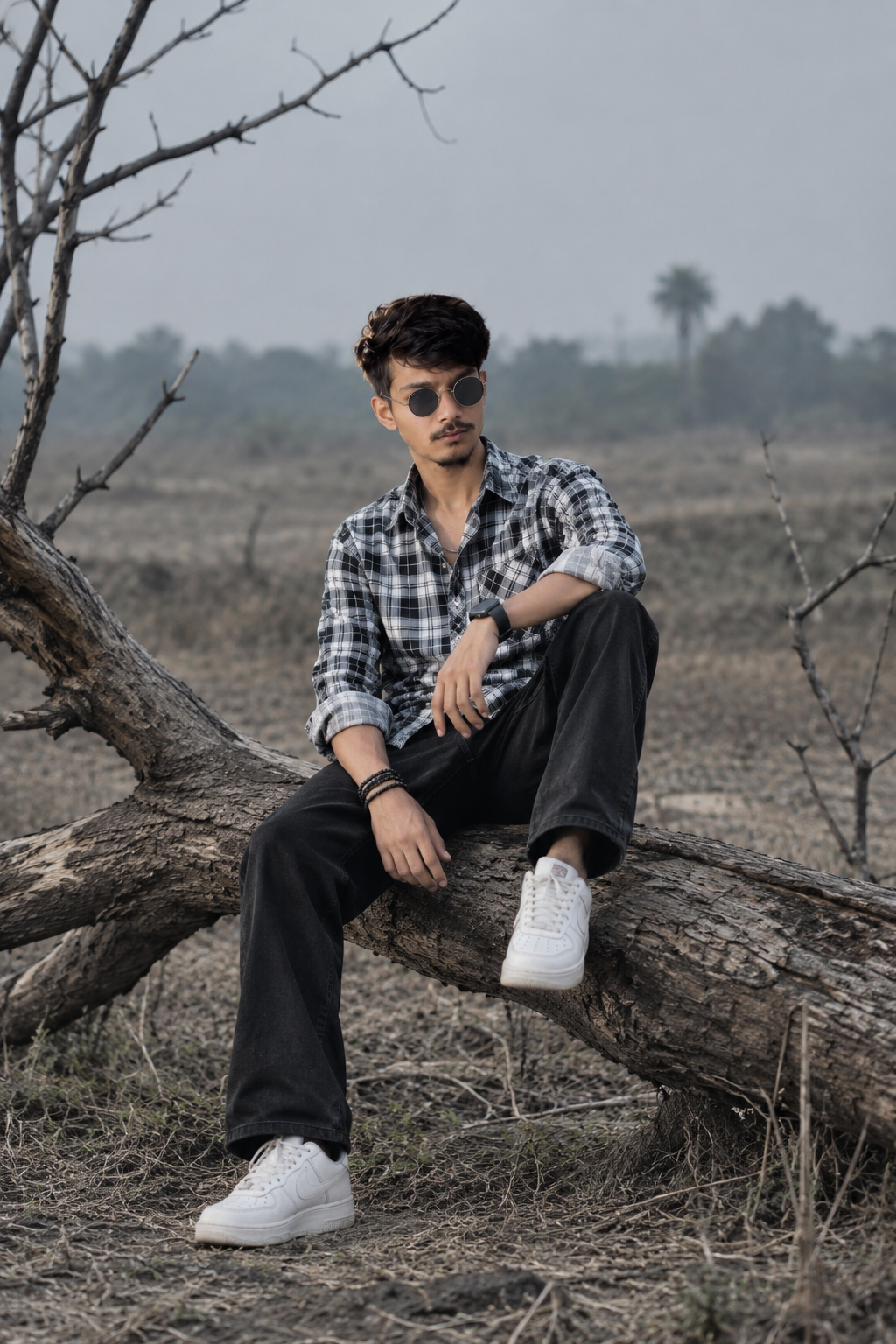 🕊️🥀🤍 Create A medium-long shot captures a cool young man sitting confidently on a fallen tree branch in a desolate field. He sports a high-volume quiff, round sunglasses, a checkered patterned shirt