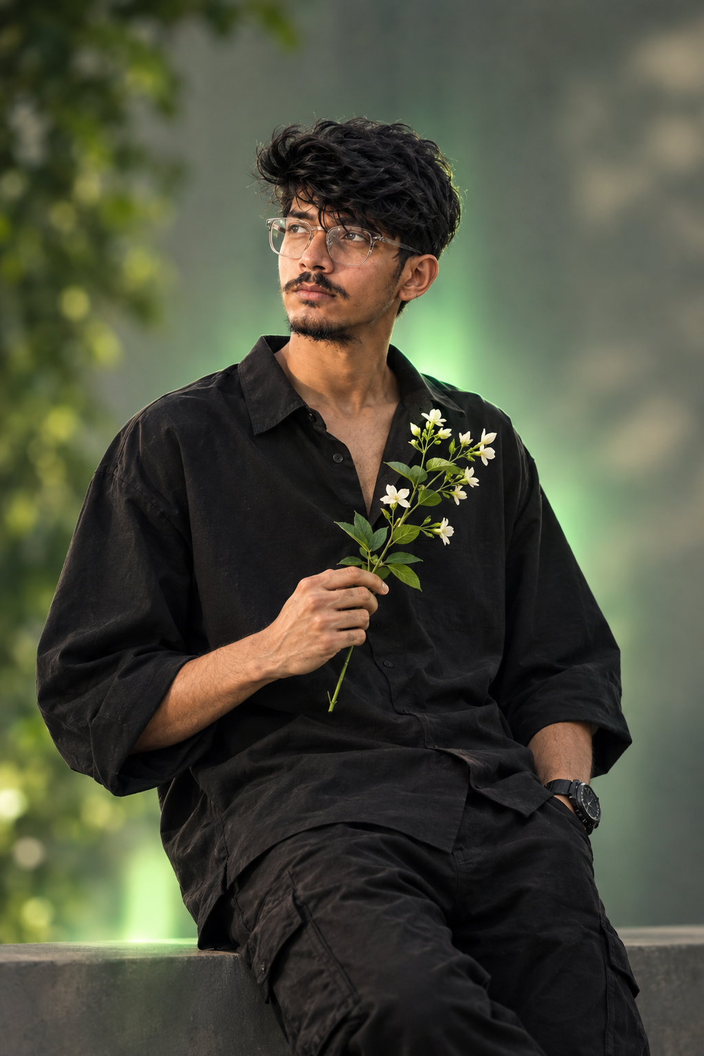 Without changing my facial features, create a stylish, modern portrait of a very handsome young boy with voluminous dark hair
