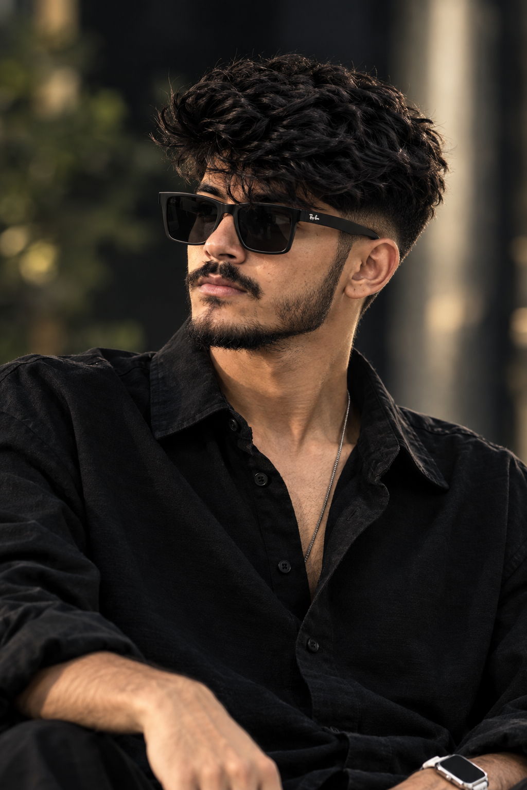 A close-up, luxury fashion editorial portrait of a modern man featuring a sharp skin-fade same haircut and a thick, perfectly groomed beard.