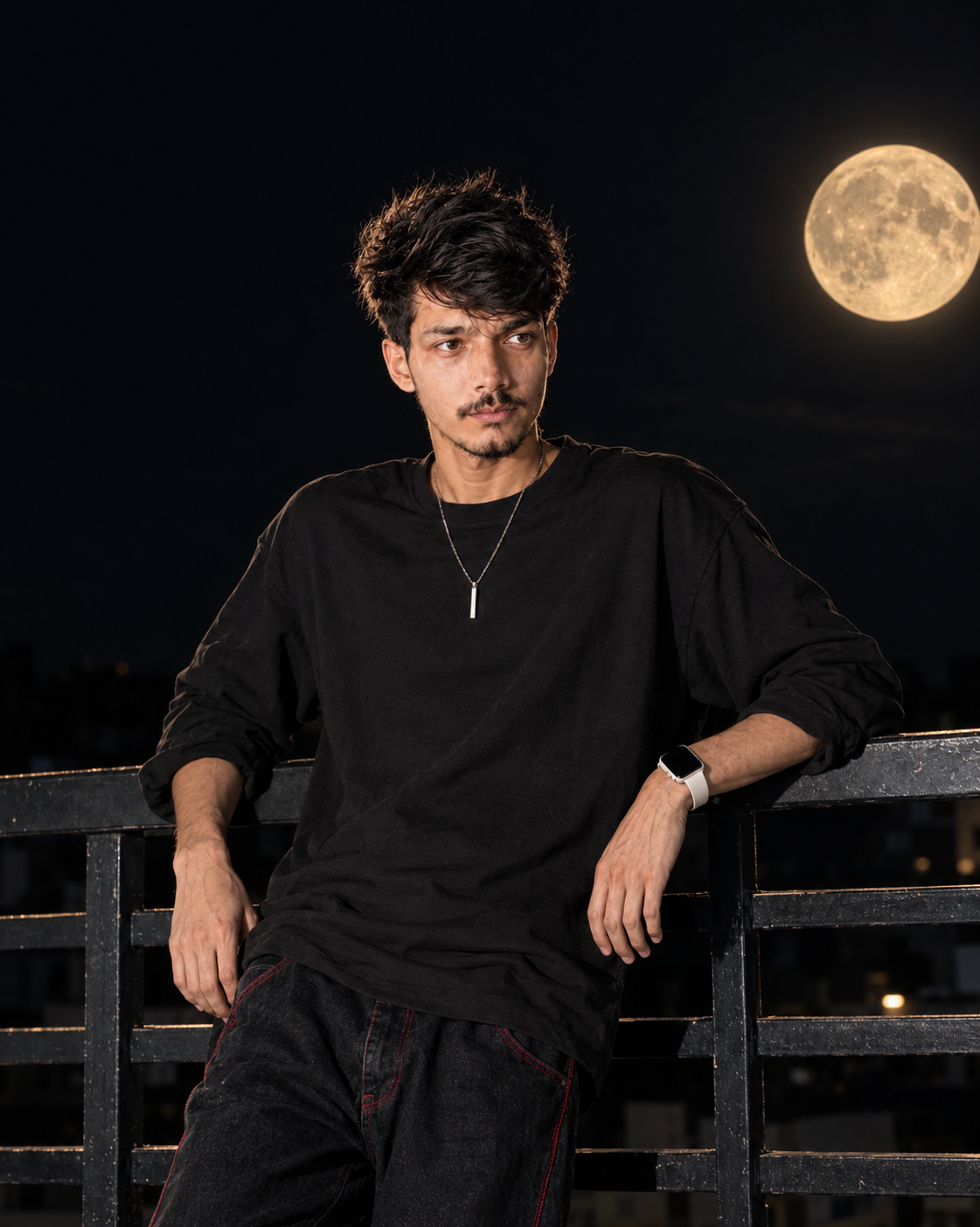 realistic portrait of a young man standing and leaning his back and both elbow on railing at top floor