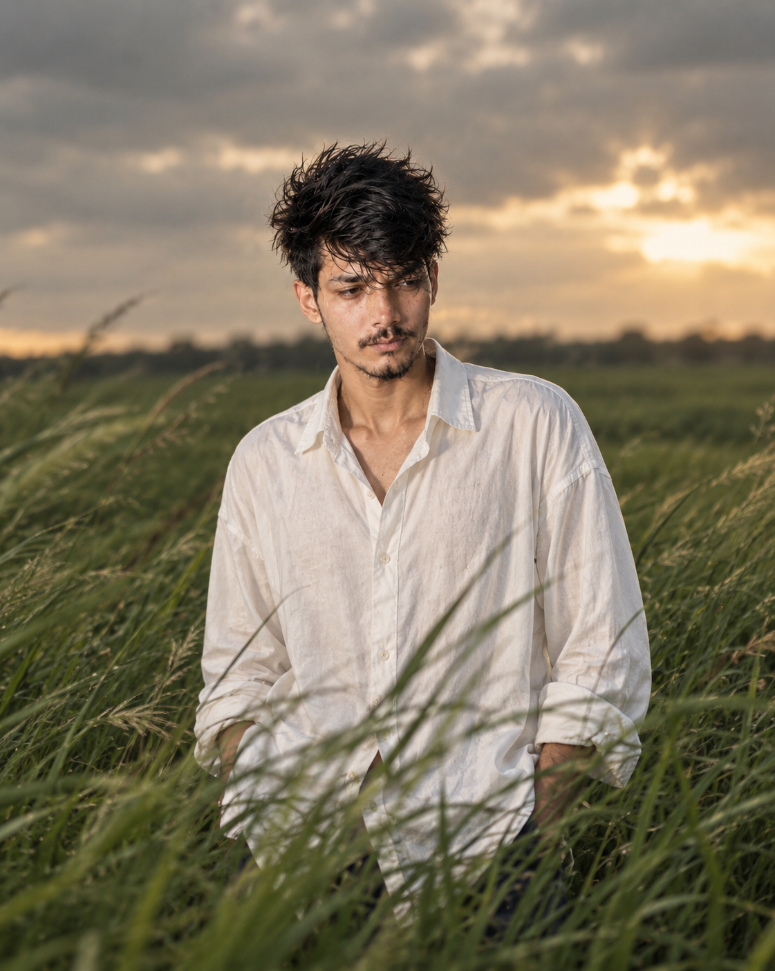 "A cinematic editorial portrait of a young East Asian man standing partially hidden among tall