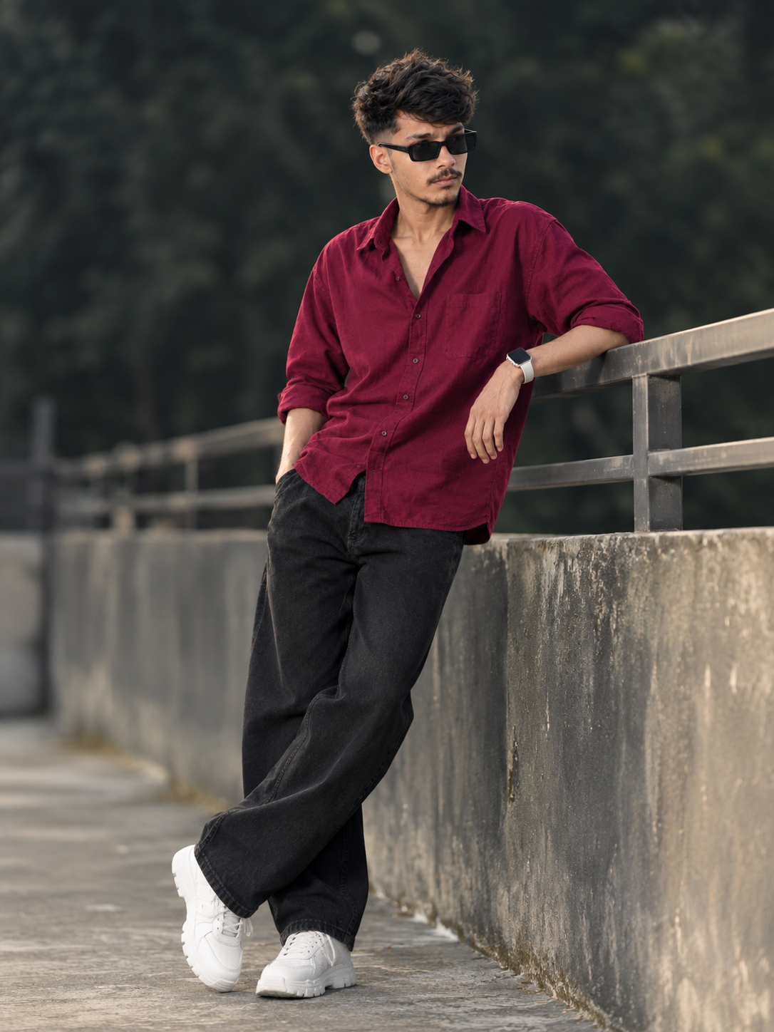 DSLR quality PROMPT - Generate a outdoor portrait of the uploaded person, arms on support.full body.
