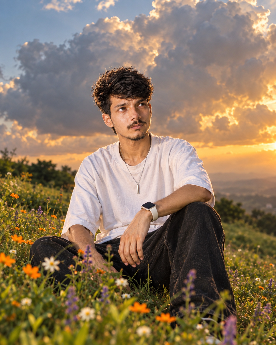 Golden Hour Portrait of Young Man on Green Hillside with Wildflowers