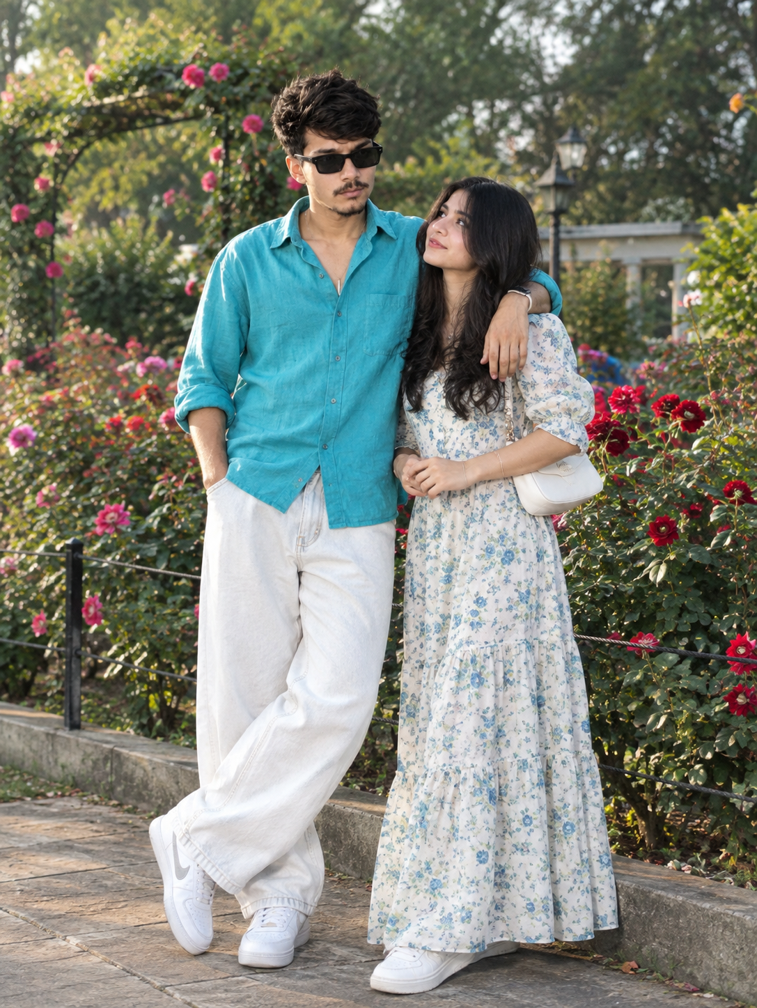 Photorealistic South Asian Couple in Rose Garden – Full Body Portrait