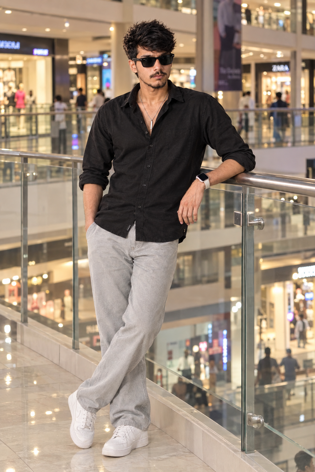 Ultra-Realistic Full-Body Photo of Young Man in Modern Mall with Glass Railing