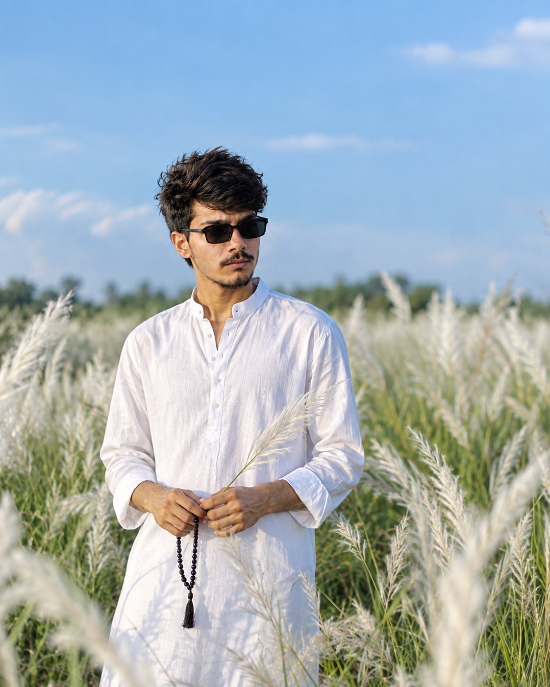 Serene South Asian Man in White Kurta Amid White Grass Field