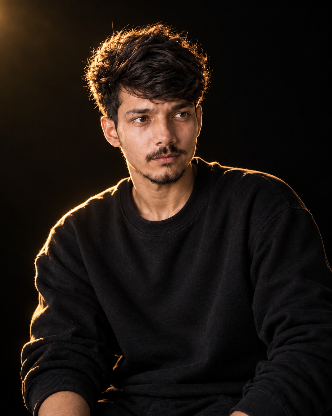 Realistic AI Portrait Prompt: Black Sweatshirt, Golden Backlit Hair