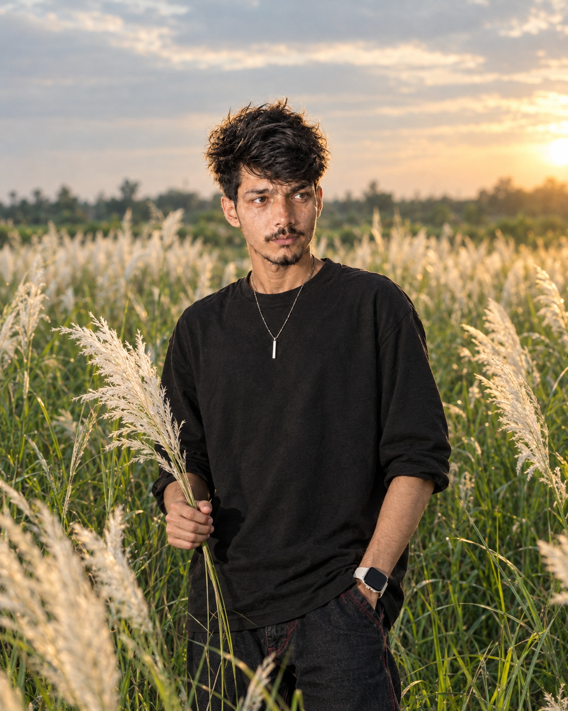 Realistic Cinematic Portrait of Young Indian Man in Lush Green Field